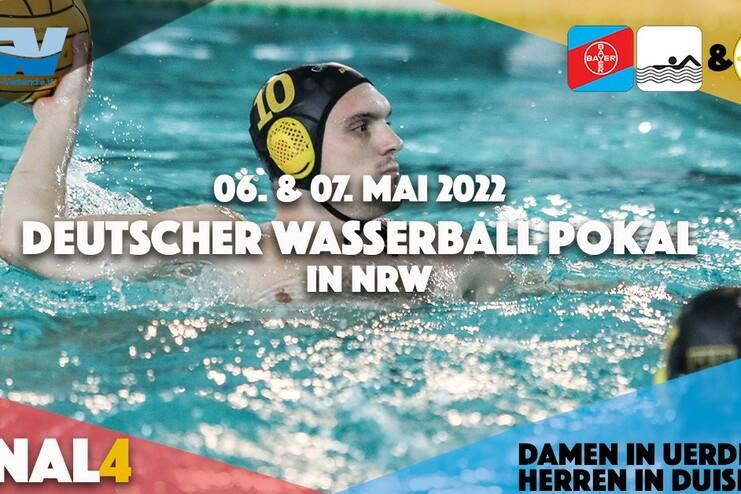 Wasserballspieler in Serie mit Ball im Wasser, während das Event-Logo und die Daten des Wasserballpokals eingeblendet sind.