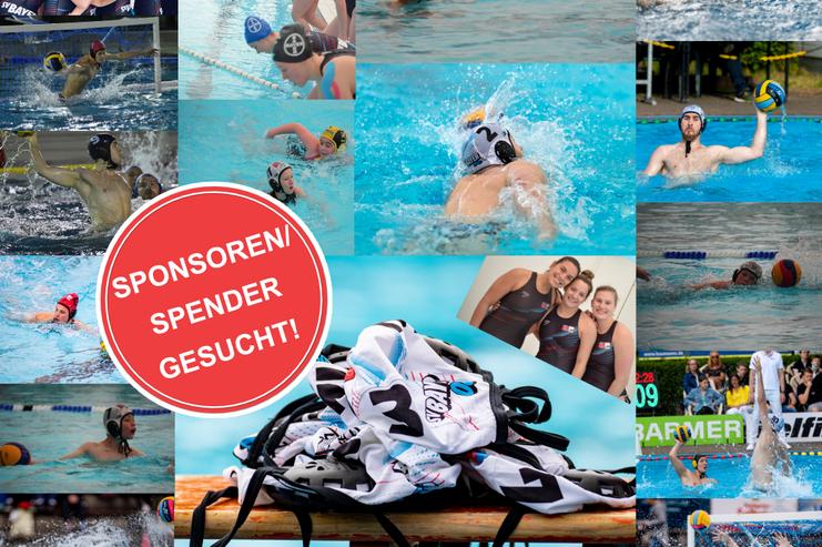 Collage mit Wasserballspielern im Wettkampf, inklusive Näheraufnahmen und einem Aufruf zur Sponsoren- und Spendergewinnung.