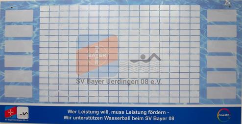 Plakat für den Wasserballsport mit Raster und Logos der Sponsoren SV Bayer Uerdingen 08 e.V. und Covestro.