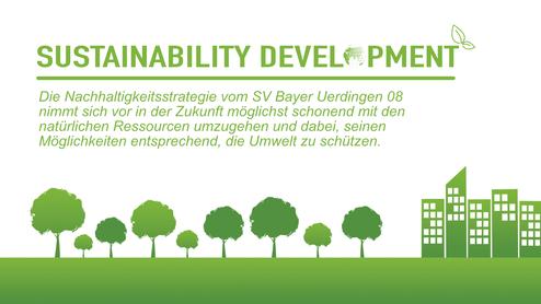 Grafik mit grüner Stadt-Silhouette, Windrädern und Bäumen, betont Nachhaltigkeit und Umweltschutz. Text über die Strategie von SV Bayer Leverkusen.
