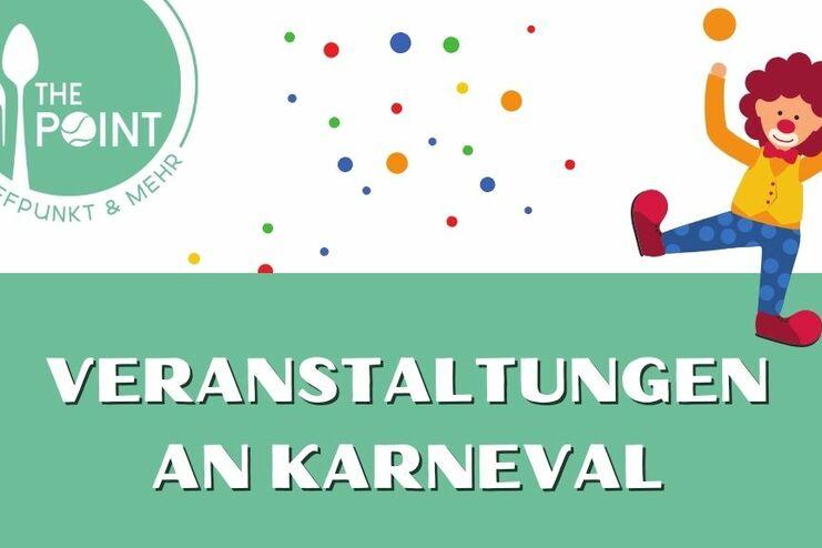 Bunte Veranstaltungsankündigung für Karneval mit einem fröhlichen Charakter und Konfetti-Elementen.