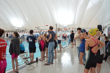 Sportler stehen am Beckenrand eines Schwimmbads, bereit für den Wettkampf, während einige sich vorbereiten.