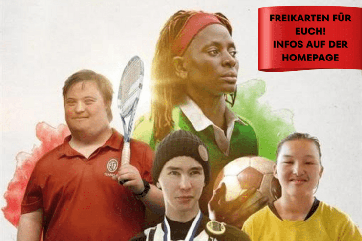 Poster für den Film „All Inclusive“ mit vier Athleten, die für die Special Olympics World Games in Berlin trainieren.