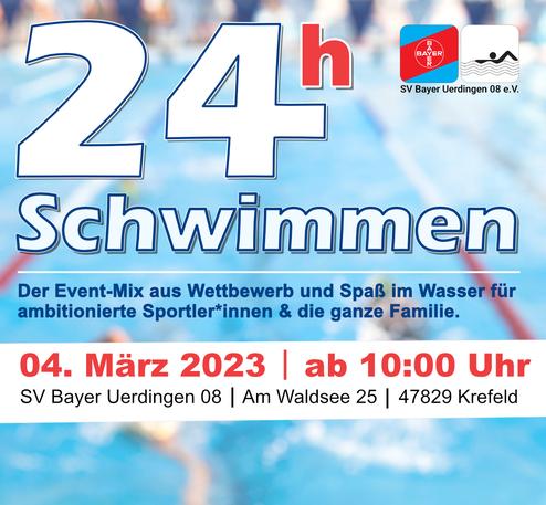 Blaue Wasseroberfläche mit Schwimmern; Veranstaltungshinweis für 24-Stunden-Schwimmen am 04. März 2023 in Krefeld.