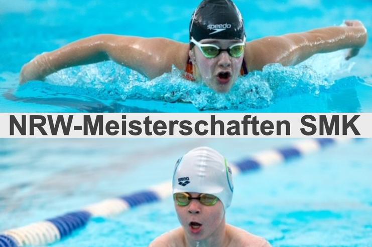 Zwei Schwimmer in einem Wettkampf: Oben ein Mädchen im Schmetterlingsstil, unten ein Junge im Brustschwimmen.