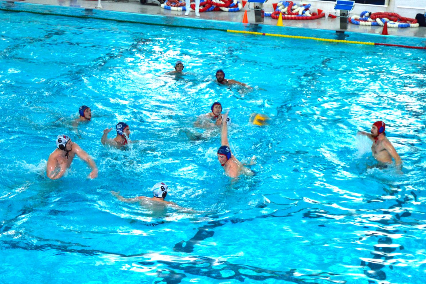 Wasserballspieler in Aktion in einem Schwimmbecken, w&auml;hrend einer Partie mit Ball und Tore im Hintergrund.