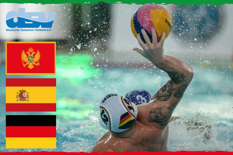 Wasserballspieler wirft den Ball während des 3-Nationen-Turniers NRW mit Veranstaltungsdaten und Landesflaggen im Hintergrund.