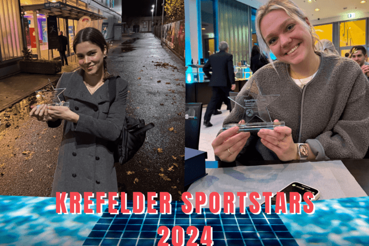 Zwei Frauen halten jeweils einen Sportstar-Award in unterschiedlichen Umgebungen, die eine feierliche Atmosphäre zeigen.