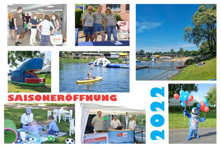 Bunte Collage zur Saisoneröffnung 2022 mit Aktivitäten am Wasser, Menschenmengen und einem aufblasbaren Walfisch.