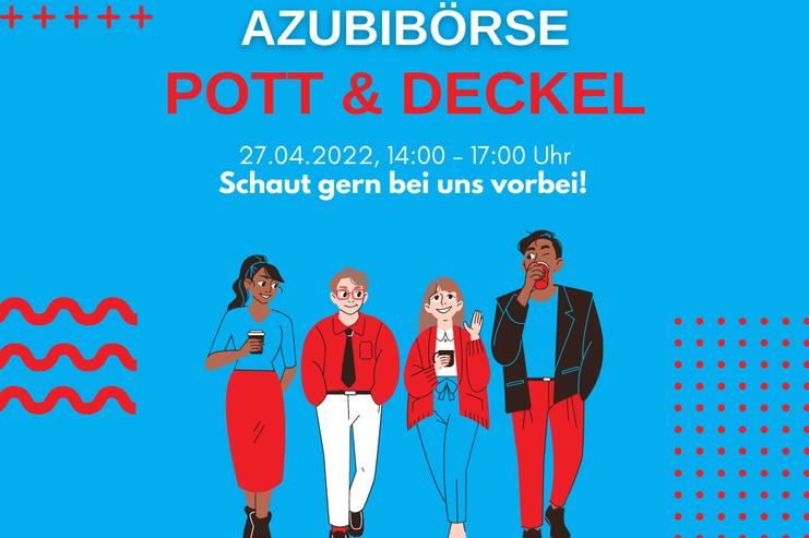 Illustration einer Azubibörse mit vier Personen, die Getränke halten, umgeben von bunten geometrischen Mustern.