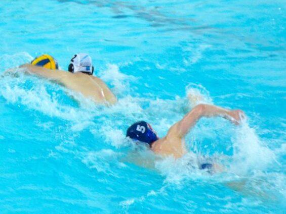 Zwei Wasserballspieler schwimmen in einem blauen Schwimmbecken, einer mit gelbem Ball, der andere mit blauer Kappe.
