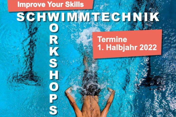 Schwimmer taucht in blauen Wasser; Werbeanzeige für Schwimmtechnik-Workshops 1. Halbjahr 2022.