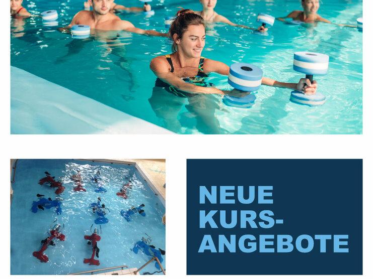 Gruppentraining im Wasser mit Teilnehmern, die Aquafitness-Geräte nutzen, in einem Schwimmbecken.