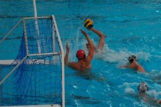 Wasserballspiel: Ein Spieler wirft den Ball ins Tor, während andere Schwimmer im Hintergrund agieren.