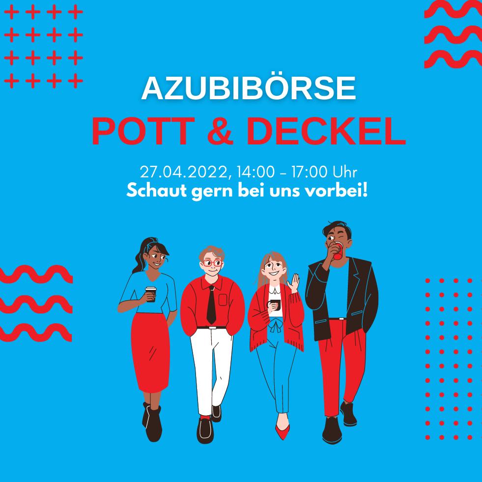 Illustration einer Azubibörse mit vier Personen, die Getränke halten, umgeben von bunten geometrischen Mustern.