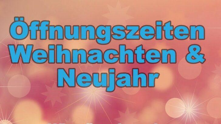 Gestaltung mit dem Text "Öffnungszeiten Weihnachten & Neujahr" sowie Weihnachtswünschen auf rosa Hintergrund mit Sternen.