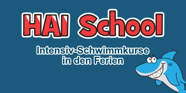 Logo der HAI School mit dem Slogan „Intensiv-Schwimmkurse in den Ferien“ und einem lächelnden Hai.