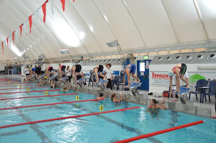Schwimmerinnen auf Startblöcken bereit zum Sprung ins Wasser eines Hallenbads mit mehreren Bahnmarkierungen.