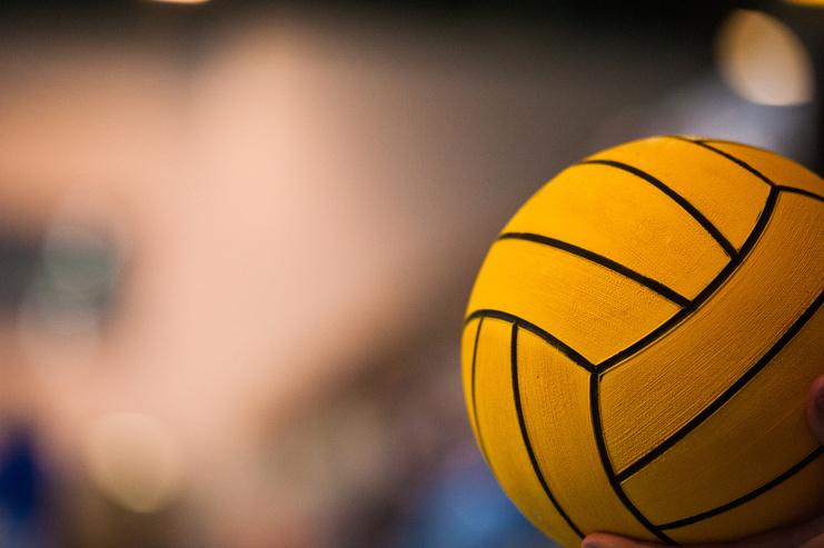 Nahaufnahme eines gelben Wasserballs mit schwarzen Linien, gehalten von einer Hand. Unscharfer Hintergrund.