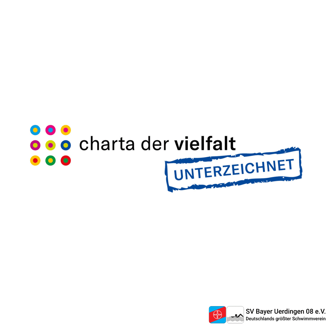 Logo der Charta der Vielfalt mit dem Schriftzug „unterzeichnet“ und dem Vereinslogo von SV Bayer Uerdingen 08 e.V.