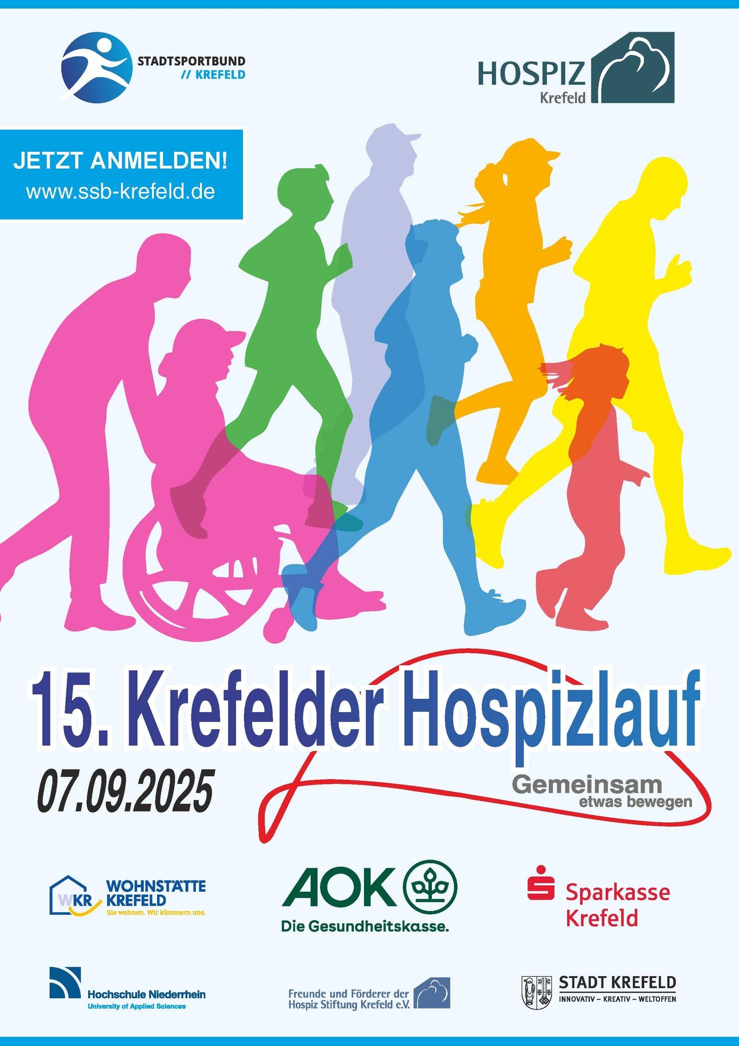 Bunte Silhouetten von Läufern, darunter ein Rollstuhlfahrer, für den 15. Krefelder Hospizlauf am 07.09.2025.