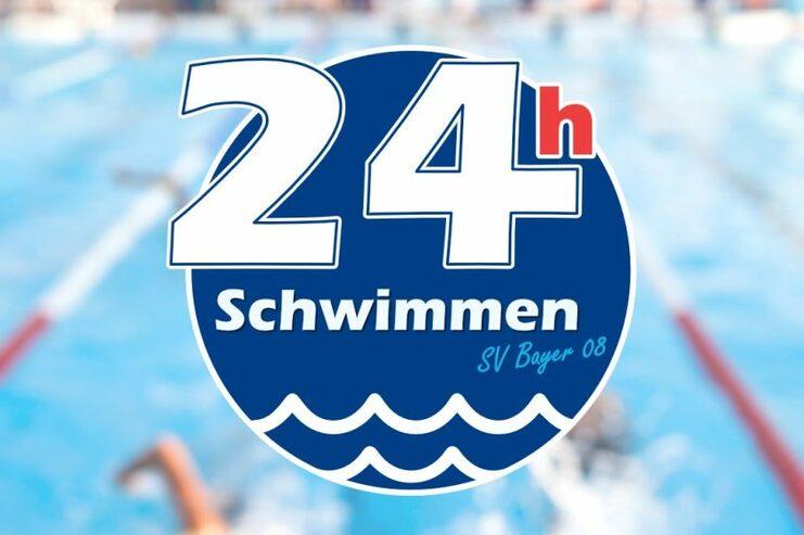 Logo für 24-Stunden-Schwimmen der SV Bayer 08, Datum 05.-06. März 2022, mit verschwommenem Schwimmbad-Hintergrund.
