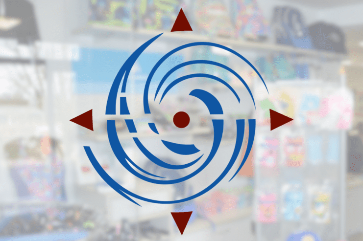 Logo von "WATER & WAVES AM WALDSEE" vor einem unscharfen Hintergrund mit bunten Artikeln im Verkaufsraum.