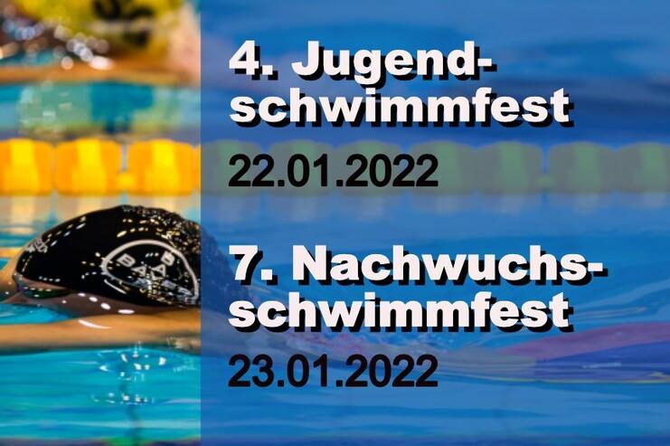 Bild mit Wasseroberfläche, Teilnehmern beim Schwimmen und Informationen zu Wettkämpfen am Waldsee vom 22. und 23. Januar 2022.