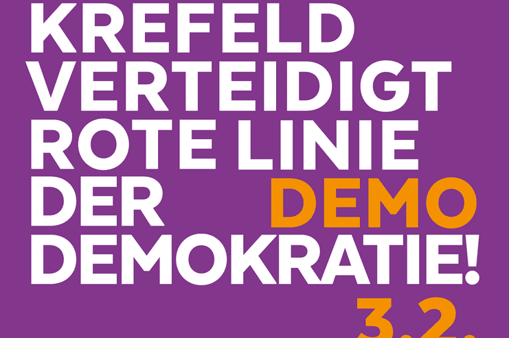 Plakat zur Demonstration in Krefeld am 3. Februar, 14:00 Uhr, für die Verteidigung der Demokratie.