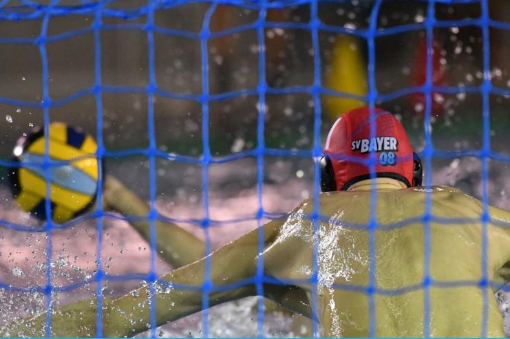 Wasserballspieler in Aktion, mit gelbem Ball, unter blauem Netz bei einem Bundesliga-Spiel am 29.10.2022.