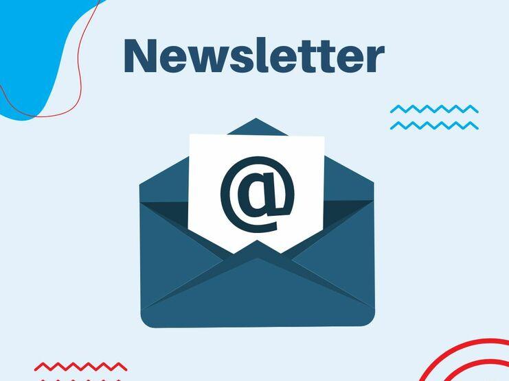 Grafik mit einem offenen blauen Umschlag und dem Wort „Newsletter“ sowie einer E-Mail-Adresse im Inneren.
