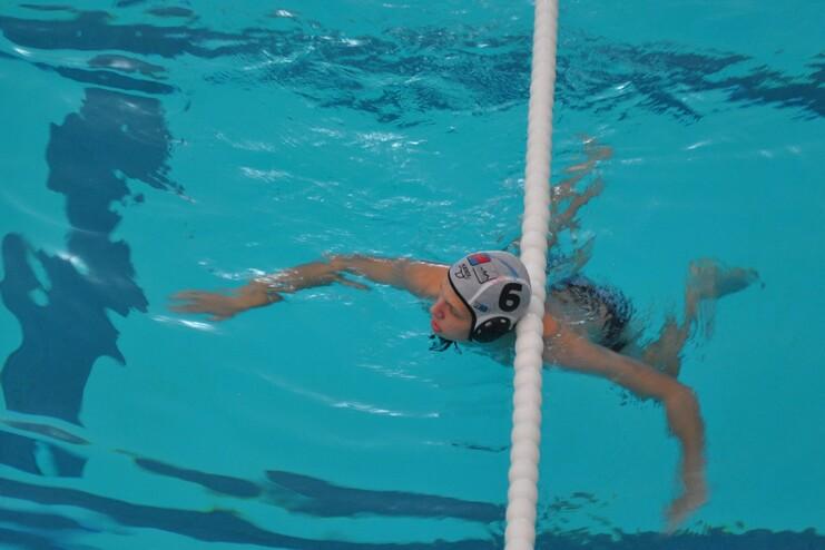 Wasserball-Spieler schwimmt in einem blauen Pool, mit einer Schwimmkappe und der Nummer 6 auf dem Kopf.