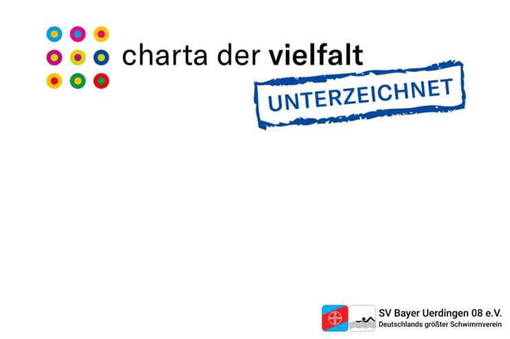 Logo der Charta der Vielfalt mit dem Schriftzug „unterzeichnet“ und dem Vereinslogo von SV Bayer Uerdingen 08 e.V.