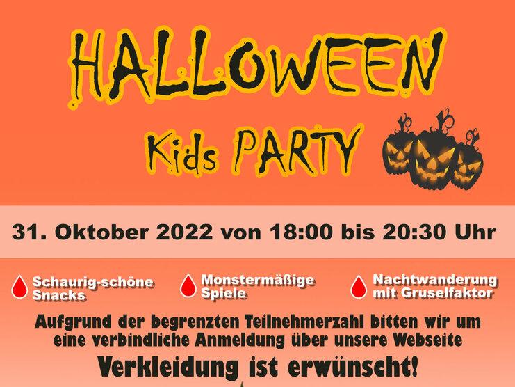 Buntes Plakat zur Halloween-Kids-Party am 31. Oktober 2022 mit Informationen zu Snacks, Spielen und Anmeldung.
