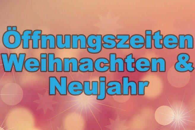 Gestaltung mit dem Text "Öffnungszeiten Weihnachten & Neujahr" sowie Weihnachtswünschen auf rosa Hintergrund mit Sternen.