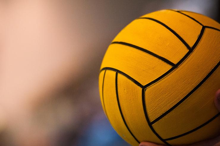 Nahaufnahme eines gelben Wasserballs mit schwarzen Linien, gehalten von einer Hand. Unscharfer Hintergrund.