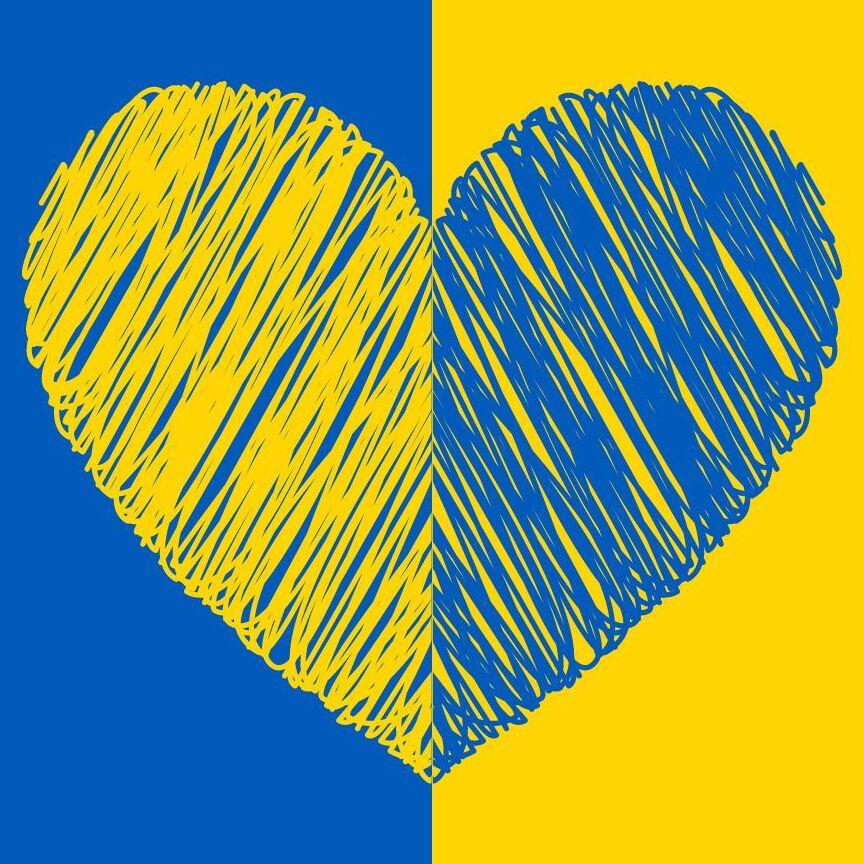 Herz aus blauen und gelben Linien auf einem Hintergrund in blauer und gelber Farbteilung.