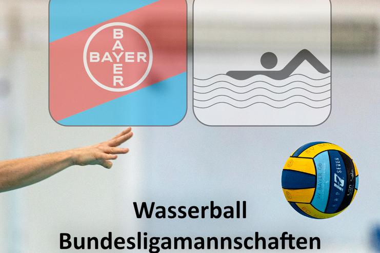 Wasserball-Bundesligamannschaften 2022/23, mit Ball, Logo und Schwimmer-Symbol im Hintergrund.