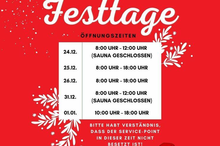 Farbenfrohe Übersicht der Öffnungszeiten für die Festtage beim SV Bayer Uerdingen 08 e.V., inklusive Saunainformationen.