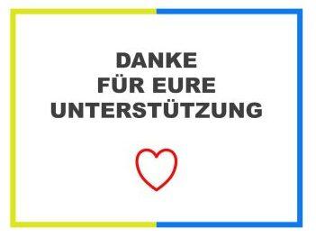 Weiße Karte mit buntem Rahmen, schwarzer Schrift: „DANKE FÜR EURE UNTERSTÜTZUNG“ und rotem Herzsymbol.