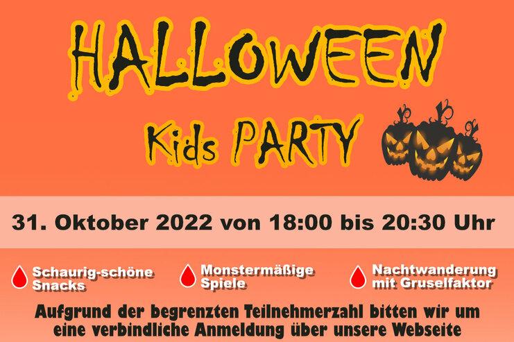Buntes Plakat zur Halloween-Kids-Party am 31. Oktober 2022 mit Informationen zu Snacks, Spielen und Anmeldung.