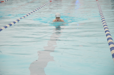 Ein junger Schwimmer in Badekappe schwimmt in einem Hallenbad zwischen blauen und weißen Bahnen.