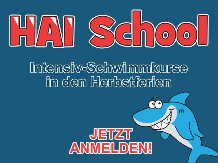 Grafik mit dem Text „HAI School“, Informationen zu Intensiv-Schwimmkursen in den Herbstferien und einem cartoonhaften Hai.