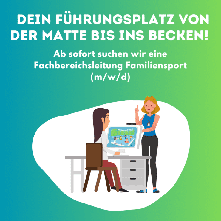 Illustration von zwei Frauen, eine sitzt am Schreibtisch mit Computer, die andere erklärt gestikulierend. Text zur Jobanzeige.