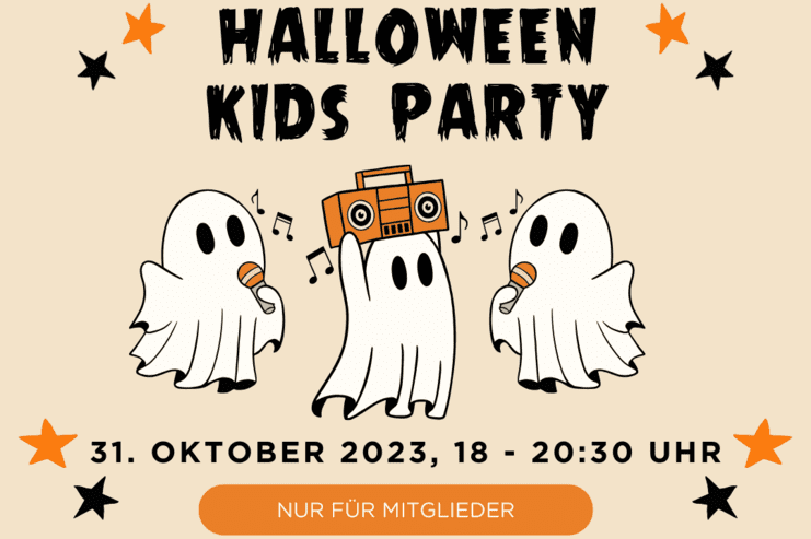 Grafik für eine Halloween-Kinderparty mit Geistern, Musikbox und Veranstaltungsdetails wie Datum und Uhrzeit.