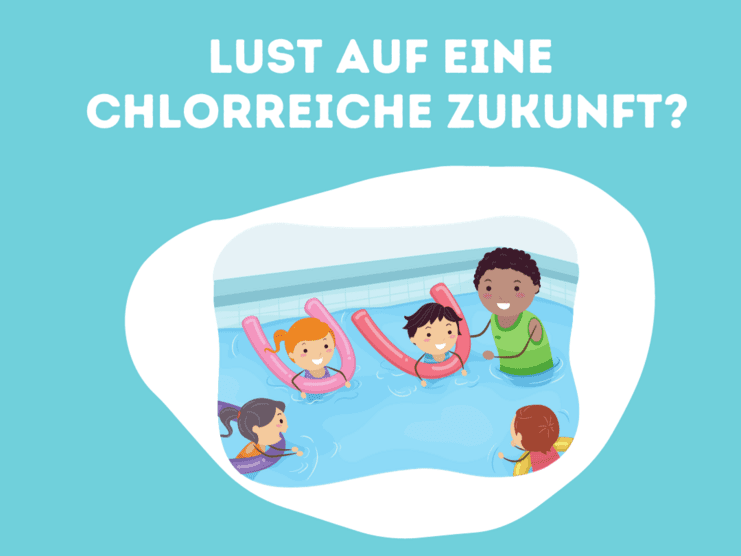 Illustration mit Kindern im Schwimmbecken, die Schwimmhilfen nutzen, während ein Schwimmlehrer ihnen Anweisungen gibt.