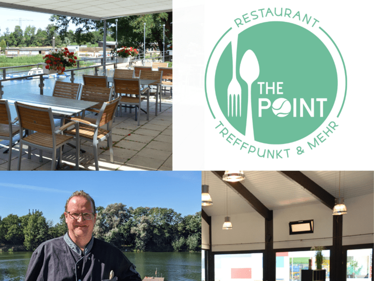 Außenbereich des Restaurants „The Point“ mit Terrassenmöbeln und Blick auf einen Gewässerabschnitt; Küchenchef steht im Vordergrund.