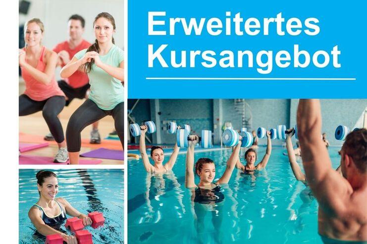 Collage mit Sportkursen: Frauen trainieren im Fitnessstudio und im Wasser mit Hanteln. Text: "Erweitertes Kursangebot".