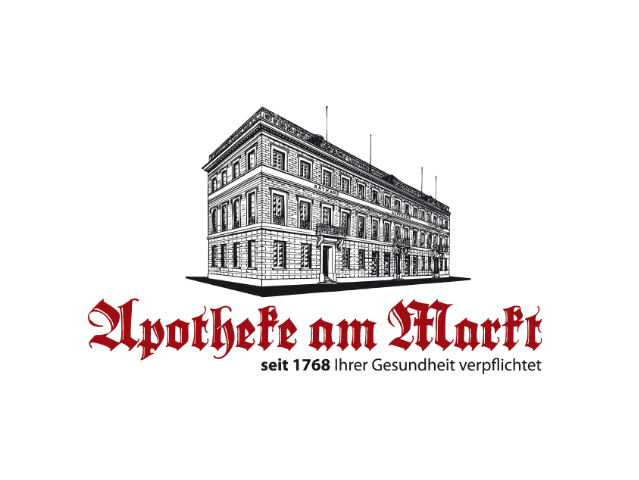 Skizze eines historischen Geb&auml;udes mit dem Schriftzug "Apotheke am Markt" und dem Gr&uuml;ndungsdatum 1768.