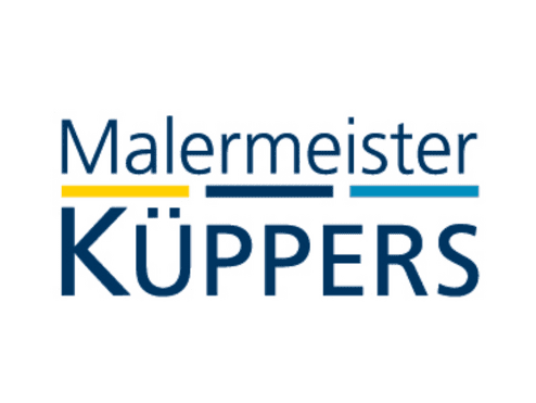 Logo des Unternehmens "Malermeister K&uuml;ppers" in blau, gelb und hellblau auf wei&szlig;em Hintergrund.